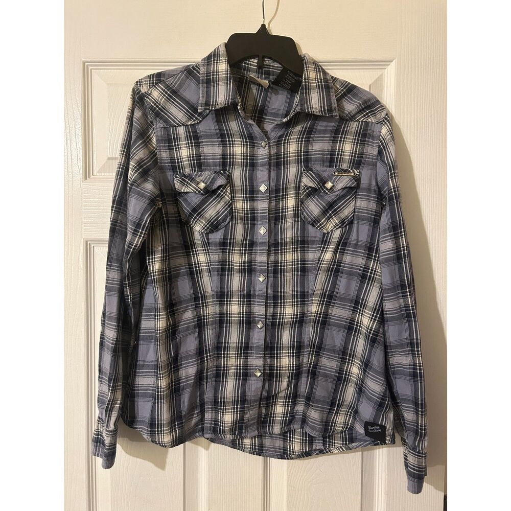 Harley Davidson Plaid Shirt Women's Large Blue White Shiny Cotton
